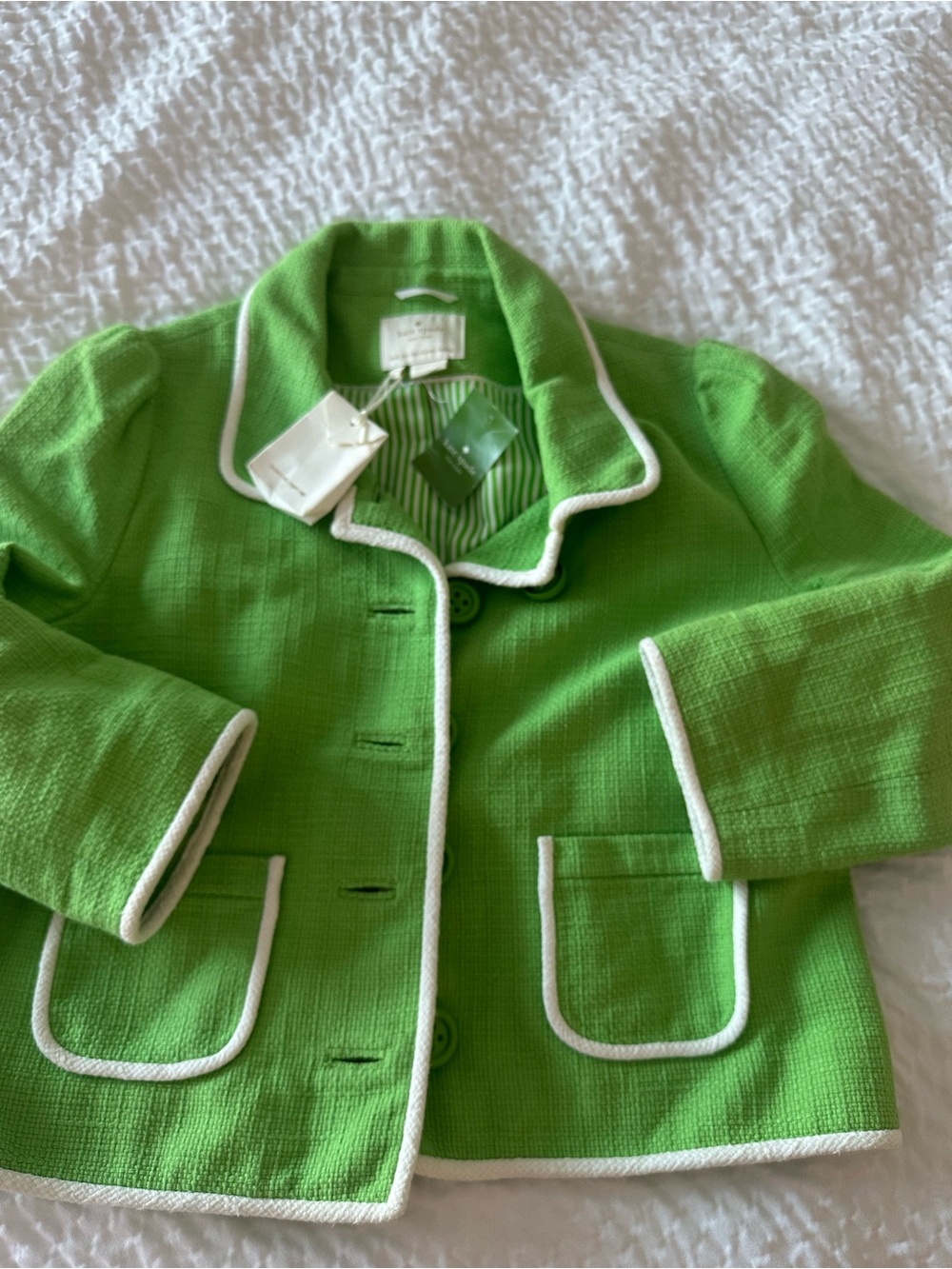 kate spade Bright Lime Green Bouclé Cropped Jacket with White Trim - Picture 3 of 12
